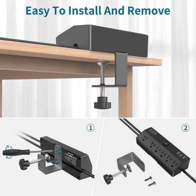 Alt view image 14 of 14 - Desk Clamp Power Strip with 40W Fast Charging Station, 10FT Flat Plug Desk Mount Power Strip Surge Protector, Removable Extension Cord with 2 USB-C Ports 6 Outlets, Fits 1.8" Tabletop Edge