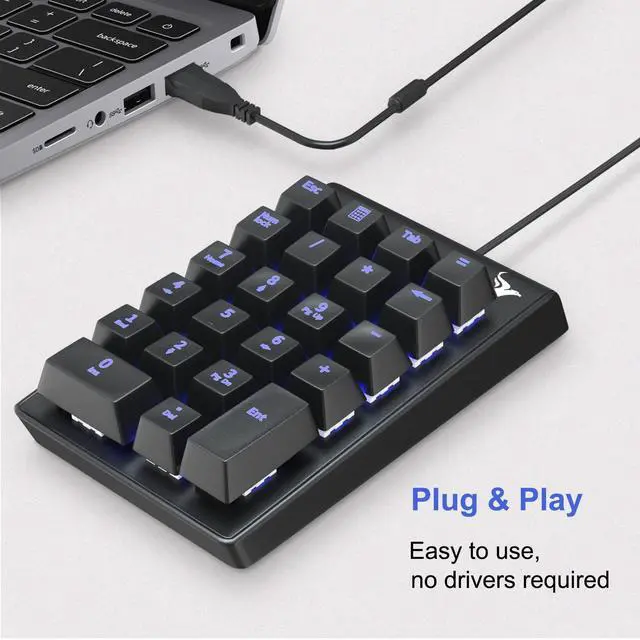 Alt view image 10 of 14 - Number Pad, Mechanical USB Wired Numeric Keypad with Blue LED Backlit 22 Key Numpad for Laptop Desktop Computer PC Black (Blue switches)
