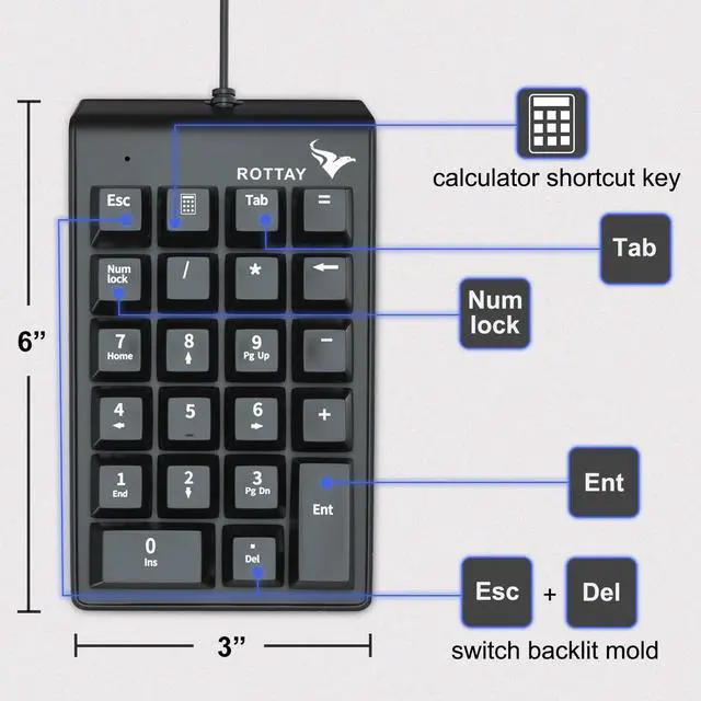 Alt view image 12 of 14 - Number Pad, Mechanical USB Wired Numeric Keypad with Blue LED Backlit 22 Key Numpad for Laptop Desktop Computer PC Black (Blue switches)