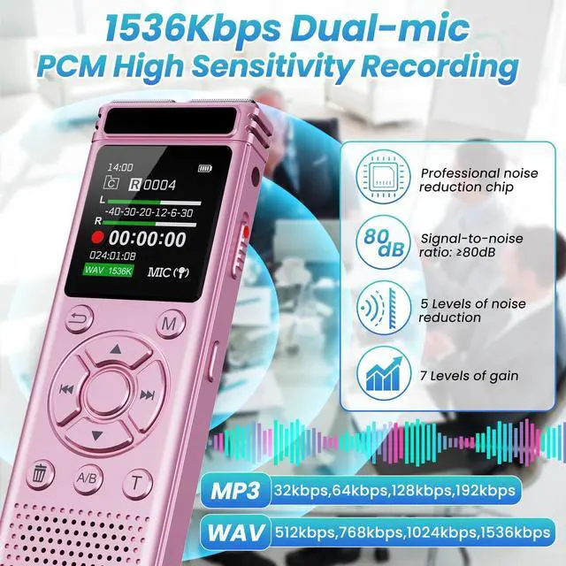 Alt view image 10 of 14 - 136GB Digital Voice Recorder with Playback,9000 Hours Audio Recording Device,Voice Activated Recorder with Noise Reduction,A-B Repeat,Mp3 Player & Password for Lectures Meeting/Classes/Interviews,Pink