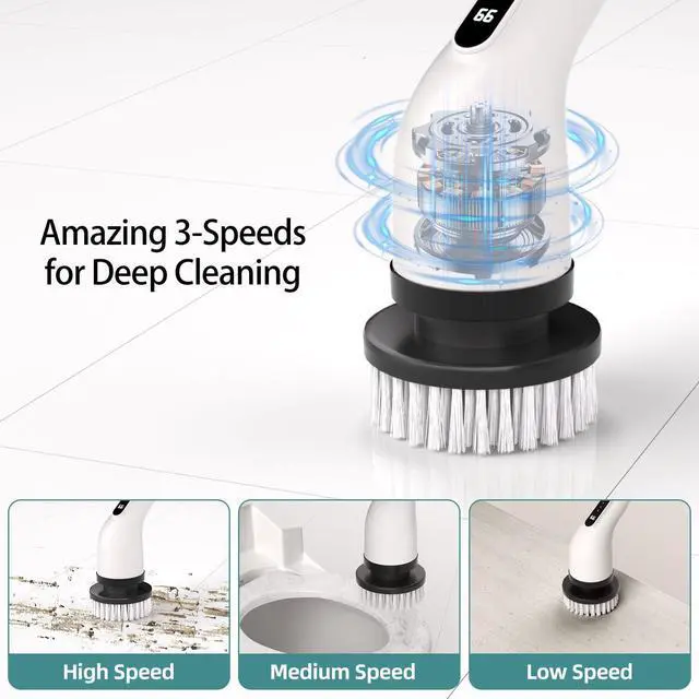 Alt view image 10 of 14 - Electric Spin Scrubber for Cleaning, 9 in 1 Changeable Bathroom Scrubber with Power Display, Long Cordless Cleaning Brush, Cordless Shower Cleaner Brush for Bathtub Kitchen Wall Cleaning
