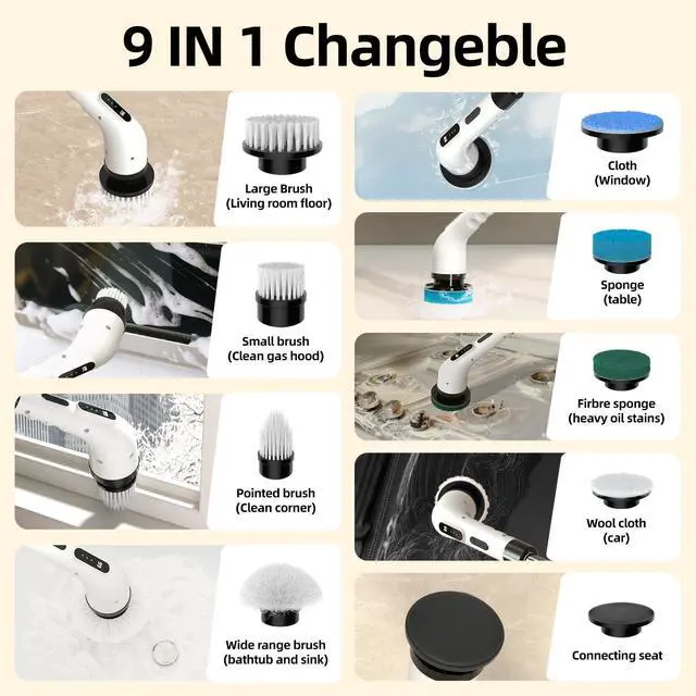 Alt view image 9 of 14 - Electric Spin Scrubber for Cleaning, 9 in 1 Changeable Bathroom Scrubber with Power Display, Long Cordless Cleaning Brush, Cordless Shower Cleaner Brush for Bathtub Kitchen Wall Cleaning