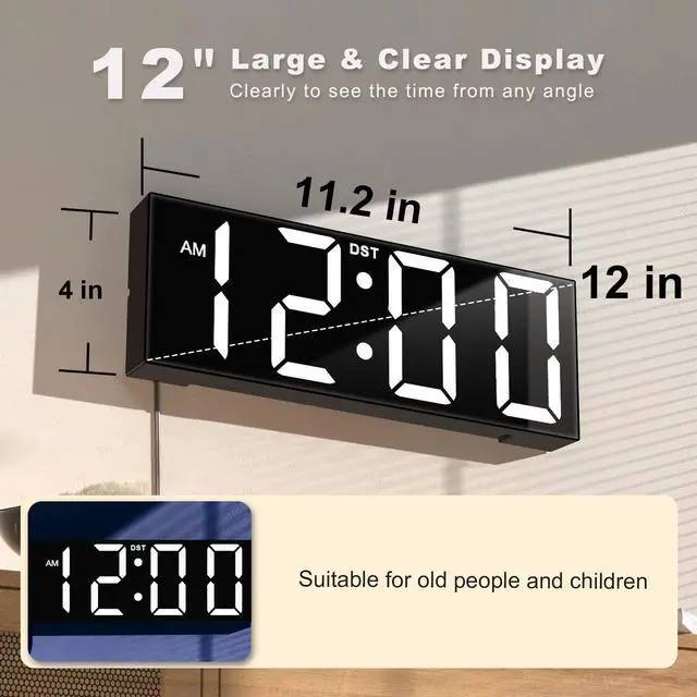 Alt view image 9 of 14 - 12'' Large Digital Wall Clock, Big LED Number Dispaly, RGB Colors, DST, Night Light for Classroom Living Room Bedroom Mounted Birthday Xmas Gift for Senior, Mem Womem (White Font, 12 inches)