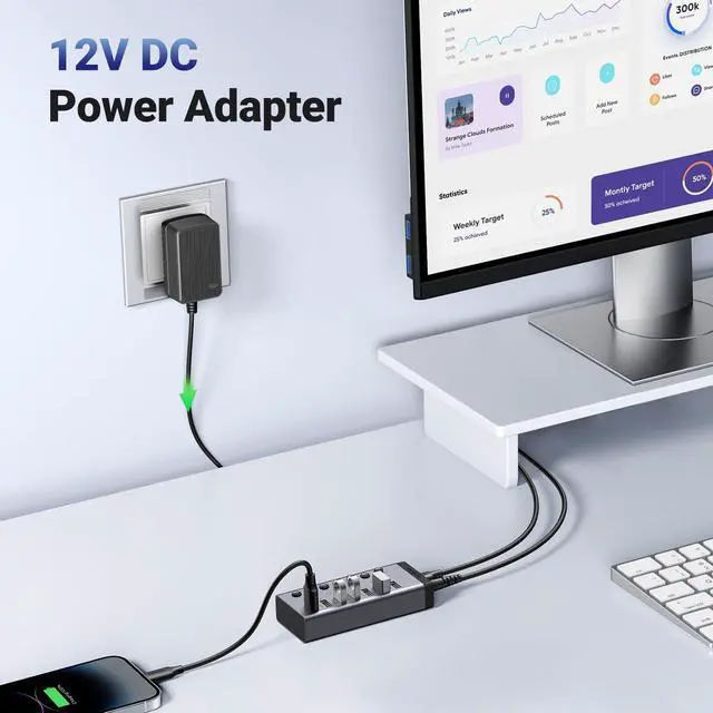 Alt view image 13 of 14 - Powered USB 3.0 Hub, 7-Port USB Adapter with 4 Smart Charging Ports, USB Splitter with Individual Led On/Off Switches and Power Adapter, USB Ports Extender for Laptop PC