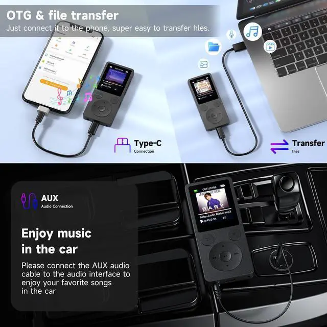 Alt view image 13 of 14 - 64GB MP3 Player with Bluetooth 5.3 Auto Reconnect, MP3 Music Player with Speaker, 1.8" Screen & Physical Buttons, Voice Recorder, FM Radio, 40H Battery Life, No WiFi, Support 128GB microSD Card