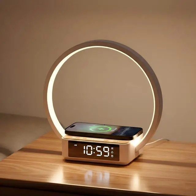 Alt view image 8 of 14 - Bedside Lamp with Alarm Clock,Touch Lamp with Wireless Charger,Nightlight for Bedroom,Sunrise Wake-up Light,3-Grade Dimmable,Birthday Gifts for Her,Women,Men,Mom,Daughter,Girlfriend(Wood Grain)