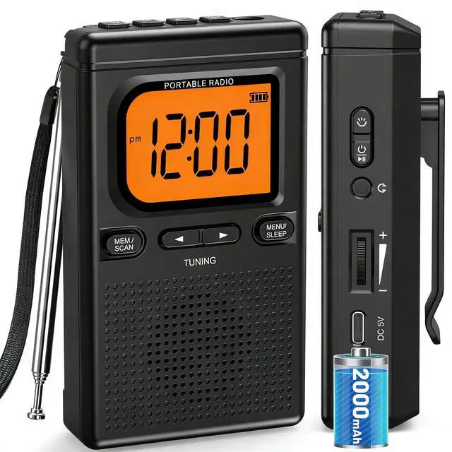 Alt view image 8 of 14 - 2000mAh Rechargeable AM FM Radio with Bluetooth Portable Transistor Pocket Radio with Best Reception Digital Tuning, Flashlight,LCD Screen,Earphone Jack, Sleep Timer and Alarm Clock for Jogging