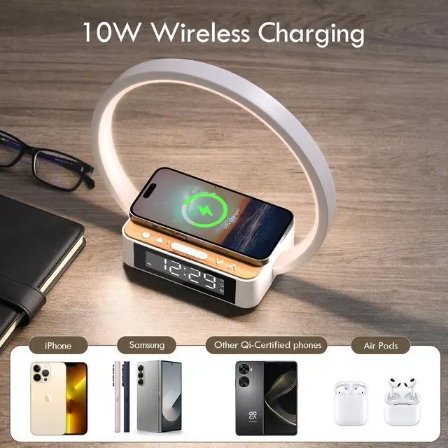 Alt view image 9 of 14 - Bedside Lamp with Alarm Clock,Touch Lamp with Wireless Charger,Nightlight for Bedroom,Sunrise Wake-up Light,3-Grade Dimmable,Birthday Gifts for Her,Women,Men,Mom,Daughter,Girlfriend(Wood Grain)
