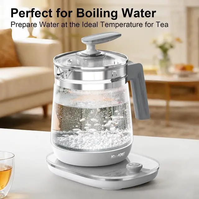 Alt view image 8 of 12 - 1200w Electric Kettle, 1.5L Borosilicate Glass tea kettle, Hot water kettle electric for Coffee or Tea, BPA Free, Auto Shut-Off, Stainless Steel, Fast Boil, White