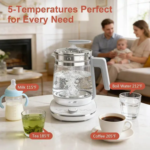 Alt view image 9 of 12 - 1200w Electric Kettle, 1.5L Borosilicate Glass tea kettle, Hot water kettle electric for Coffee or Tea, BPA Free, Auto Shut-Off, Stainless Steel, Fast Boil, White
