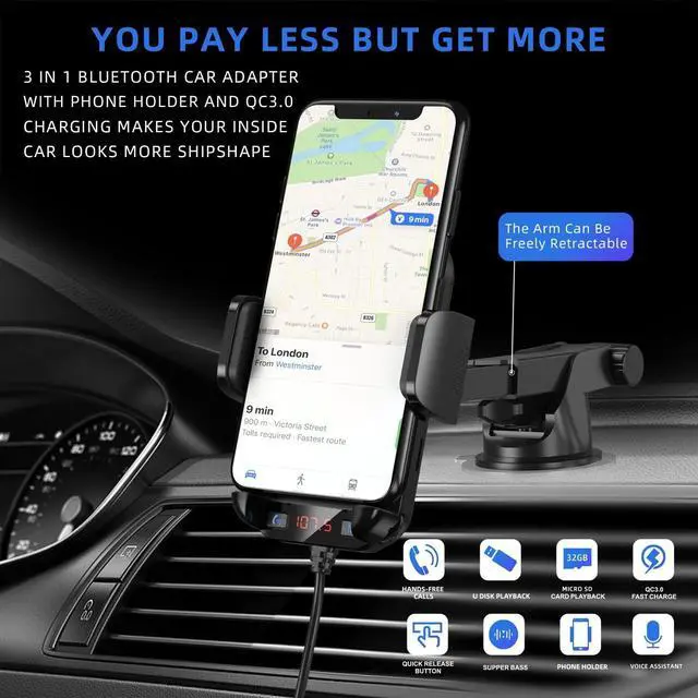 Alt view image 11 of 14 - Bluetooth Car Adapter 3 in 1 FM Transmitter Car Radio Bluetooth Transmitter with Phone Holder, QC3.0 Fast Charging, Strong Microphone, HiFi Bass Sound, Hands-Free Call (Black)