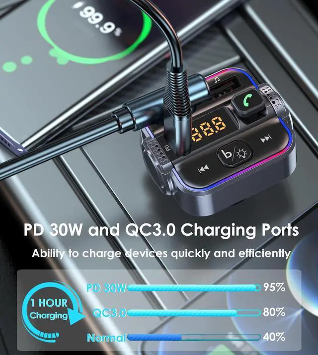 Alt view image 11 of 14 - Bluetooth 5.3 FM Transmitter for Car, Dual Micphone Hands-Free Calls Wireless Radio Receiver, PD 30W & QC3.0 Fast Car Charger Adapter