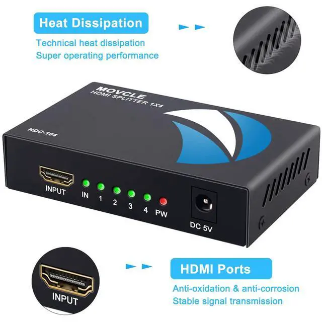 Alt view image 13 of 14 - HDMI Splitter 1 in 4 out Full Ultra HD 1080P 4K/2K 1X4 Port Box Hub with US Adapter v1.4 Powered Certified for 3D Support