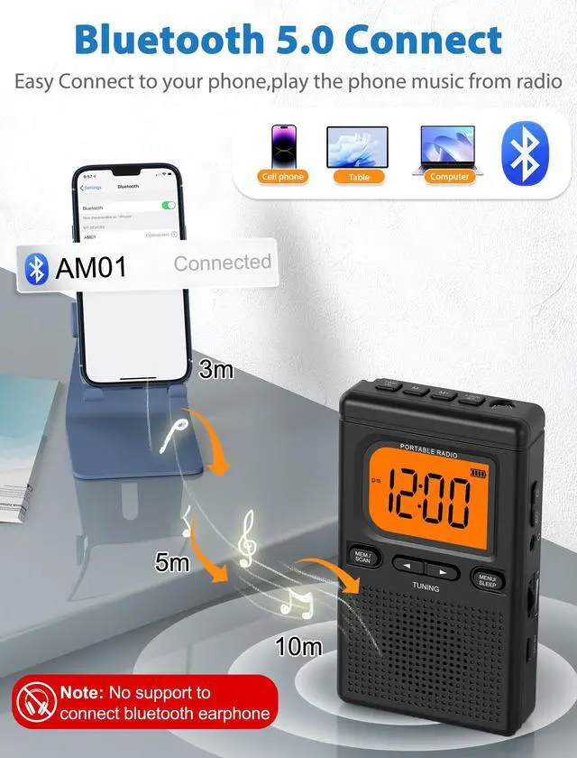 Alt view image 9 of 14 - 2000mAh Rechargeable AM FM Radio with Bluetooth Portable Transistor Pocket Radio with Best Reception Digital Tuning, Flashlight,LCD Screen,Earphone Jack, Sleep Timer and Alarm Clock for Jogging
