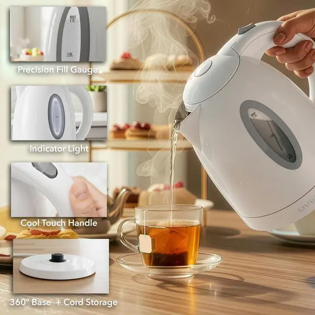 Alt view image 10 of 13 - Electric Kettle, 1.7L Fast Boiling Water Heater for Coffee or Tea, BPA Free with Water Level Gauge, Auto Shut-Off, Boil-Dry Protection, Indicator Light and Removable Filter, White KP72W
