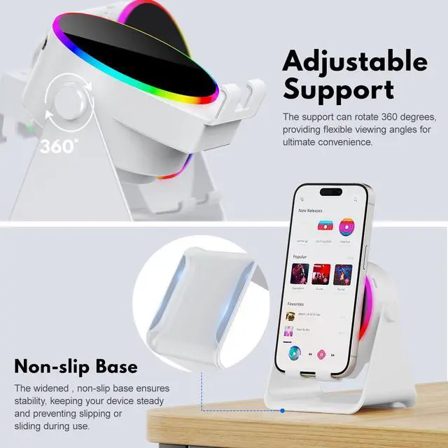 Alt view image 13 of 13 - Wireless Induction Speaker, 4 in 1 Bluetooth Speaker Phone Stand with RGB Light, 360° Rotation Phone Holder Compatible with iPhone Android iPad Samsung Galaxy, Ideal Birthday Gift for Men Women