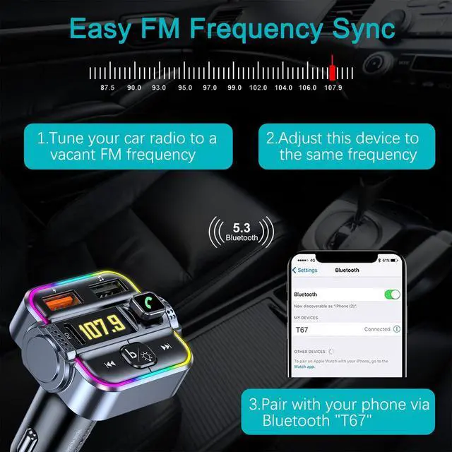 Alt view image 11 of 13 - FM Transmitter for Car Bluetooth, Upgraded PD30W USB C & QC3.0 USB Charger Bluetooth 5.3 Radio Adapter, Hands-Free Wireless Car Kit Music Player with Ambient Light, USB-Flash Playing