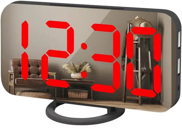 Alt view image 8 of 12 - Digital Alarm Clock, Large Mirrored LED Display, with USB Charger, Snooze Function Dim Mode Wall Hanging Beside Desk Clock for Bedroom