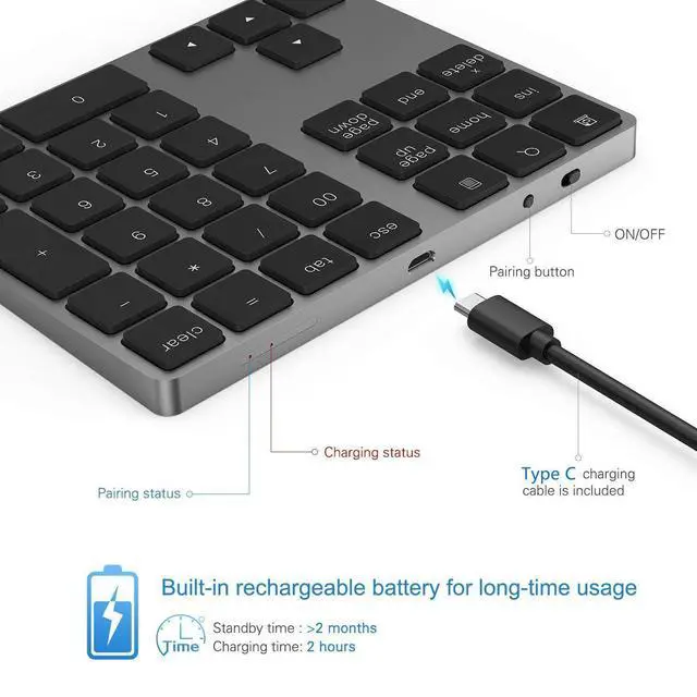 Alt view image 10 of 14 - Bluetooth Number Pad, Aluminum Rechargeable Wireless Numeric Keypad Slim 34-Keys External Numpad Keyboard Data Entry Compatible for Macbook, MacBook Air/Pro, iMac Windows Laptop Surface Pro etc