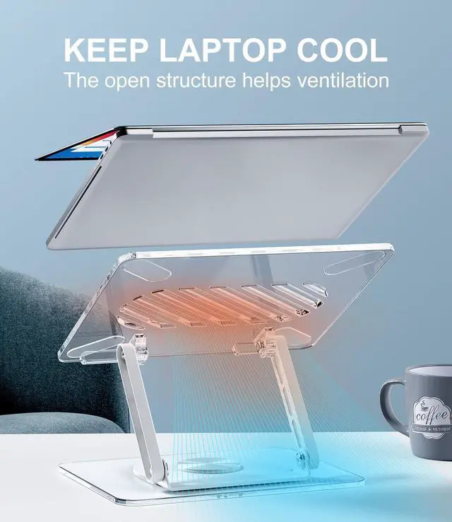 Alt view image 10 of 14 - Acrylic Laptop Stand for Desk with 360 Rotating Base Ergonimic Foldable Clear Laptop Riser Compatible with MacBook Pro/Air Notebook up to 16 Inches, Ultra Thick Acrylic Transparent
