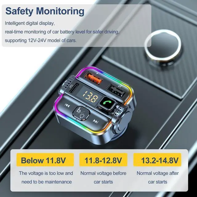 Alt view image 13 of 13 - FM Transmitter for Car Bluetooth, Upgraded PD30W USB C & QC3.0 USB Charger Bluetooth 5.3 Radio Adapter, Hands-Free Wireless Car Kit Music Player with Ambient Light, USB-Flash Playing