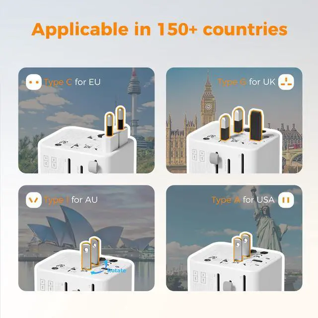 Alt view image 9 of 14 - Universal Travel Adapter, International Power Adapter with 2 USB C 2 USB A Ports, Travel Plug Adaptor Worldwide for US to Europe UK Italy Ireland Australia France Germany(Type C G A I)