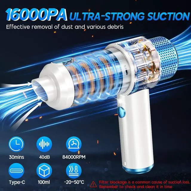 Alt view image 9 of 14 - Handheld Car Vacuum Cleaner, 16000PA Hand Held Vacuum Portable Cordless, 2 in 1 Air Duster and Vacuum Cleaner with LED Light, Multi-Nozzles, 120W High Power Mini Vacuum for Home, Pet, Office