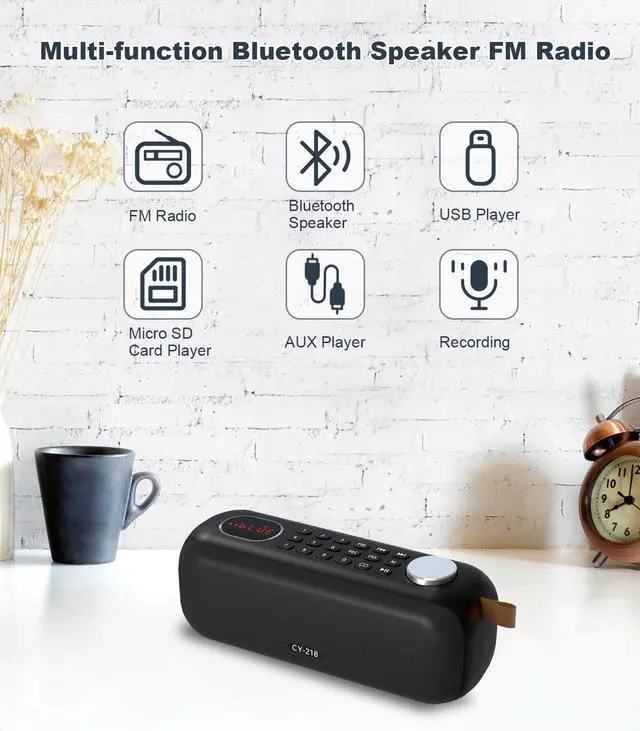 Alt view image 9 of 9 - Portable Bluetooth Speaker FM Radio Digital, Support USB/SD Card MP3 Music Player/AUX/REC, Build-in 3000mAh Rechargeable Battery, 10W Powerful Speaker and Earphone Jack for Indoor Outdoor