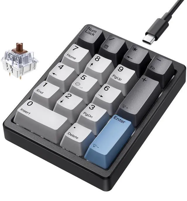Alt view image 8 of 10 - KN17 Wired Mechanical Number Pad- 17 Keys Hot Swappable Numpad with White Backlight& PBT Keycaps for Laptop PC Compact Keyboards (Black, Brown Switch)