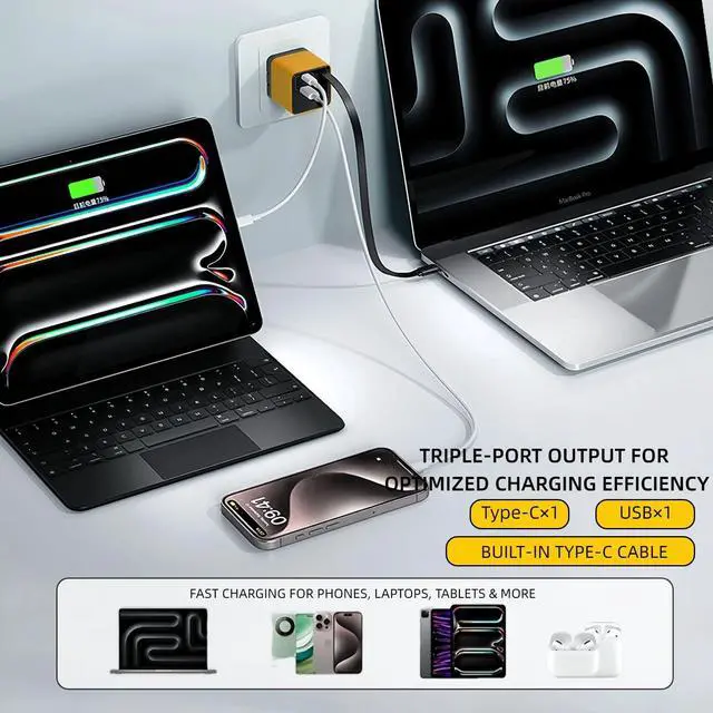 Alt view image 13 of 13 - 3 in 1 GaN Charger,80w Fast Charger Adapter with Type-C Cable & 2 USB Ports,Multi-Functional Retractable All in one Charger for Phone,Tablets,laptops (Yellow)