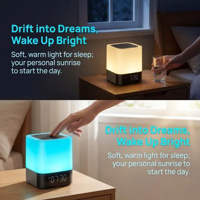 Alt view image 12 of 13 - Night Lights Bluetooth Speaker, Alarm Clock Bluetooth Speakers Touch Sensor Bedside Lamp Dimmable Multi-Color Changing Bedside Lamp, MP3 Player, Wireless with Lights