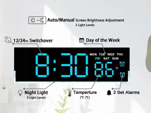 Alt view image 9 of 13 - 7 Inch LED Digital Alarm Clock with Dual Alarms & Bottom GlowDisplays Time, Date, Day, Temperature3-Level Auto/Manual Brightness, DST, USB or Battery Powered Modern Desk Clock (Blue)