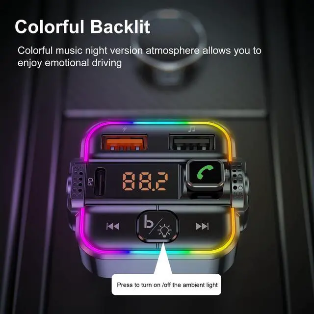 Alt view image 12 of 13 - FM Transmitter for Car Bluetooth, Upgraded PD30W USB C & QC3.0 USB Charger Bluetooth 5.3 Radio Adapter, Hands-Free Wireless Car Kit Music Player with Ambient Light, USB-Flash Playing