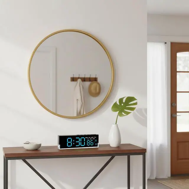 Alt view image 10 of 13 - 7 Inch LED Digital Alarm Clock with Dual Alarms & Bottom GlowDisplays Time, Date, Day, Temperature3-Level Auto/Manual Brightness, DST, USB or Battery Powered Modern Desk Clock (Blue)