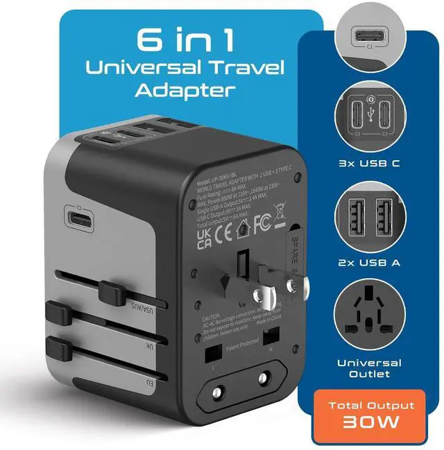 Alt view image 9 of 14 - Universal Travel Power Adapter, 6 in 1 Worldwide International Wall Charger with 2X USB-A - 3X USB-C 6A, Travel Power Adapter for for USA EU UK AUS Mobiles Laptops Cameras, UP-30KU-BL