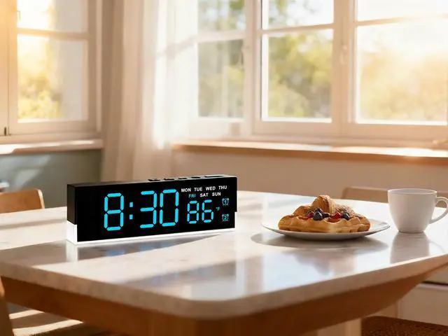 Alt view image 12 of 13 - 7 Inch LED Digital Alarm Clock with Dual Alarms & Bottom GlowDisplays Time, Date, Day, Temperature3-Level Auto/Manual Brightness, DST, USB or Battery Powered Modern Desk Clock (Blue)
