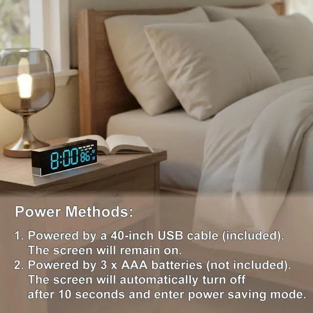 Alt view image 13 of 13 - 7 Inch LED Digital Alarm Clock with Dual Alarms & Bottom GlowDisplays Time, Date, Day, Temperature3-Level Auto/Manual Brightness, DST, USB or Battery Powered Modern Desk Clock (Blue)
