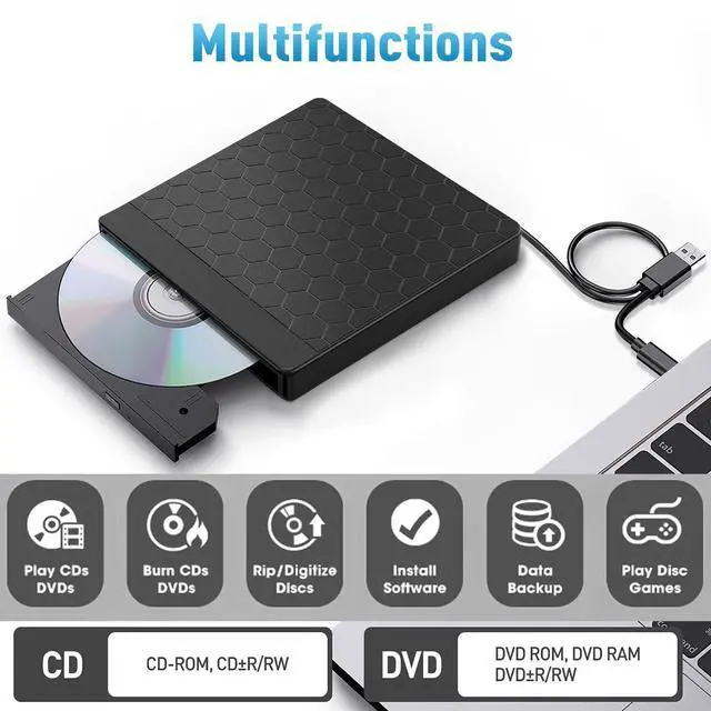 Alt view image 11 of 14 - External CD/DVD Drive for Laptop, CD Burner with 2 USB Ports &TF/SD Card Slots, DVD Player for Laptop, USB 3.0 DVD Drive External CD Reader Compatible with Laptop Desktop PC Windows 11/10/8.1/7 Mac