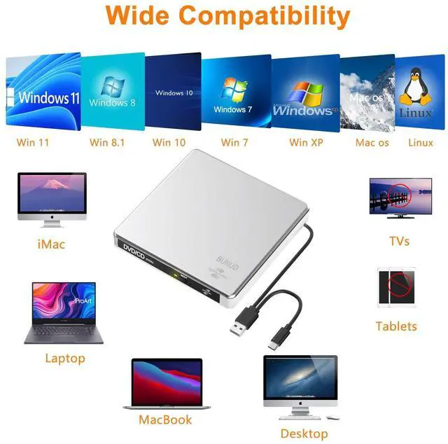 Alt view image 13 of 14 - External CD DVD Drive LightScribe CD/DVD +/-RW Burner Player Writer Optical Disk Reader Portable CD DVD Drive for Laptop Mac MacBook PC Windows 11 10 Linux OS