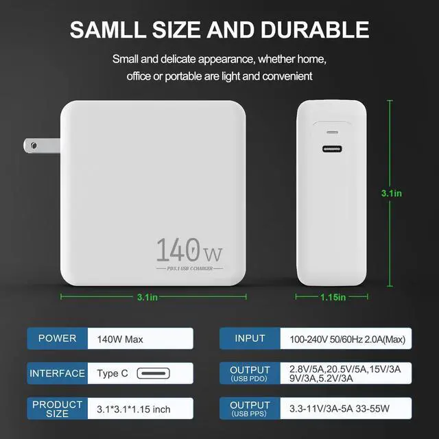 Alt view image 12 of 14 - 140W USB C Laptop Fast Charger, Compatible with MacBook Air MacBook Pro, M2 M3 M4 M5, iPad Pro, iPhone,Galaxy S25, Include Charge Cable-USB C to C