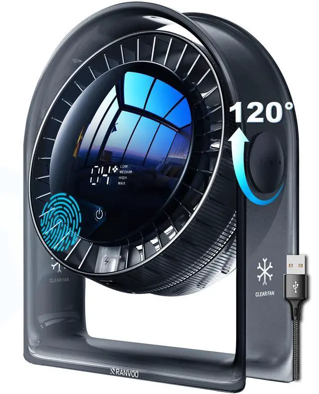Alt view image 8 of 13 - 2026 New Desk Fan, Quiet Air Circulator Mini Fan for Bedroom, Portable Smart Display USB Fan, 4 Speeds Strong Airflow, 120°Tilt, Small Desktop Table Fans For Office Bedside Room, Translucent Black