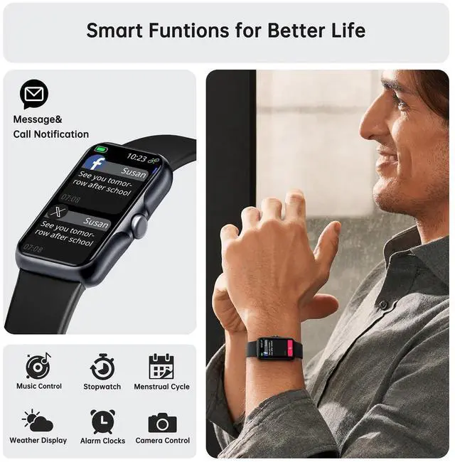 Alt view image 10 of 14 - Health Fitness Tracker, Smart Watch with 24/7 Heart Rate and Blood Oxy-gen Monitor, Sleep Tracker with IP68 Waterproof, Activity Tracker Pedometer Step Counter for Women Men (Black)