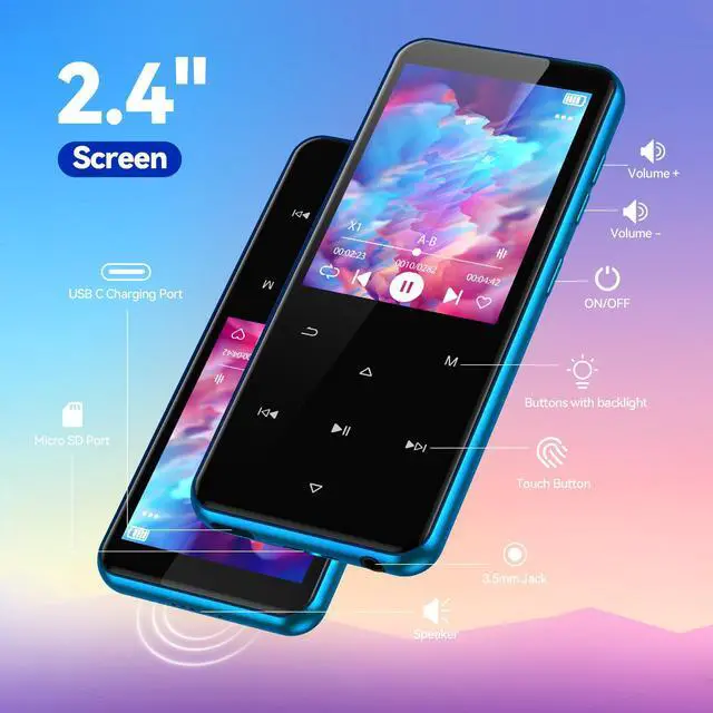 Alt view image 12 of 14 - 64GB MP3 Player with Bluetooth, M3 2.4 inch Music Player with Speaker and FM Radio, Touch Buttons, Supports Up to 128GB(Blue)