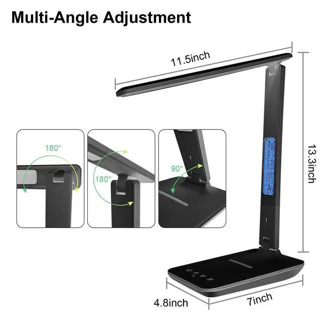 Alt view image 12 of 13 - Desk Light with Wireless Charger, USB Charging Port, Dimmable Office Desk Lamp with Clock, Alarm, Date, Temperature, Foldable Lamp for Table Bedroom Bedside Office