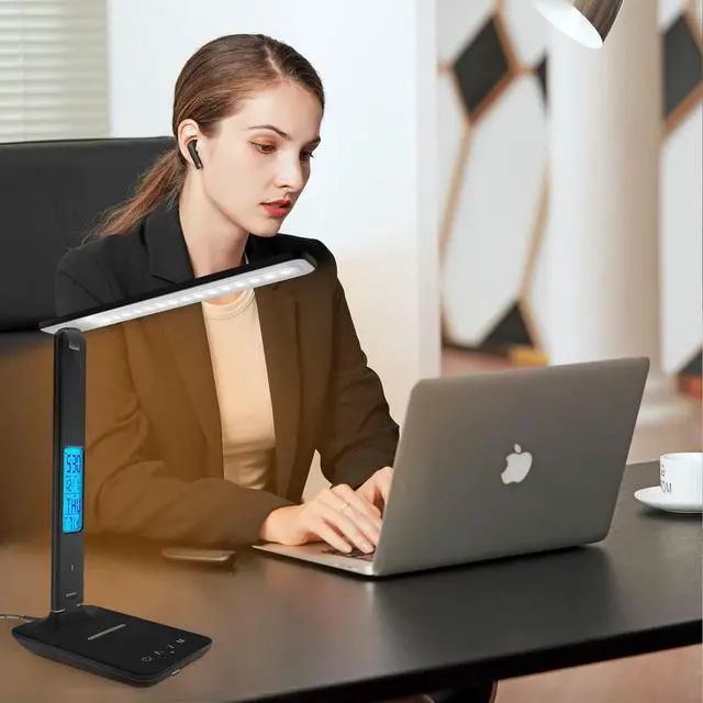 Alt view image 13 of 13 - Desk Light with Wireless Charger, USB Charging Port, Dimmable Office Desk Lamp with Clock, Alarm, Date, Temperature, Foldable Lamp for Table Bedroom Bedside Office
