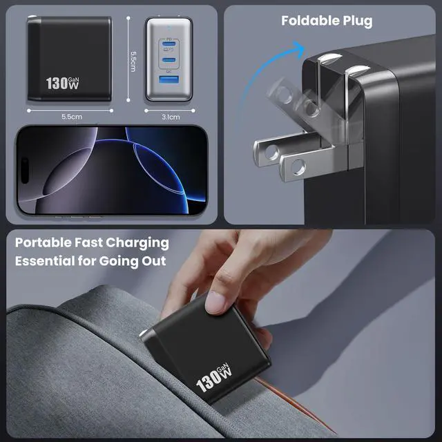 Alt view image 11 of 11 - 130W USB C Charger Block,3-Port GaN Fast Charger,Compact Foldable Type C Fast Charging Wall Charger,PD QC 65W USB C Laptop Charger for MacBook Pro/Air,iPad Pro,iPhone 17/16/15/14,Galaxy,Dell XPS etc