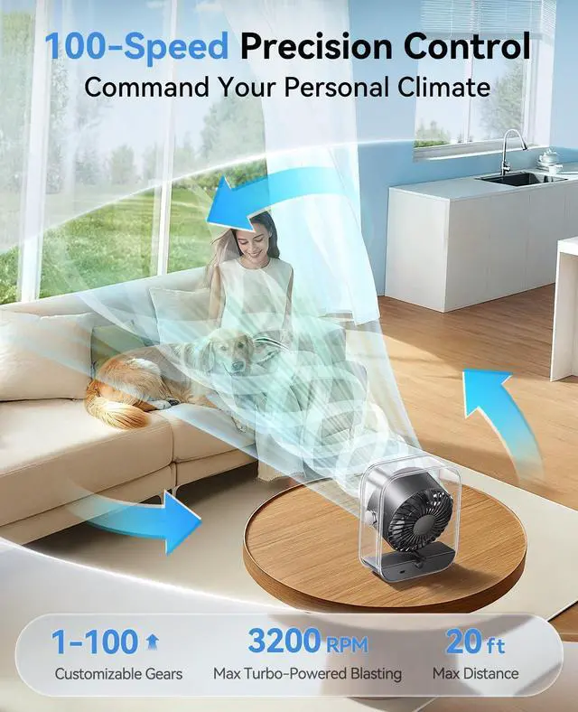 Alt view image 10 of 13 - Portable Desk Fan for Bedroom, Rechargeable Small Table Fan with 100 Speeds, 90° Rotation, Turbo Airflow, LED Display, Quiet Personal USB Cooling Fan for Office Home Travel Camping, Black