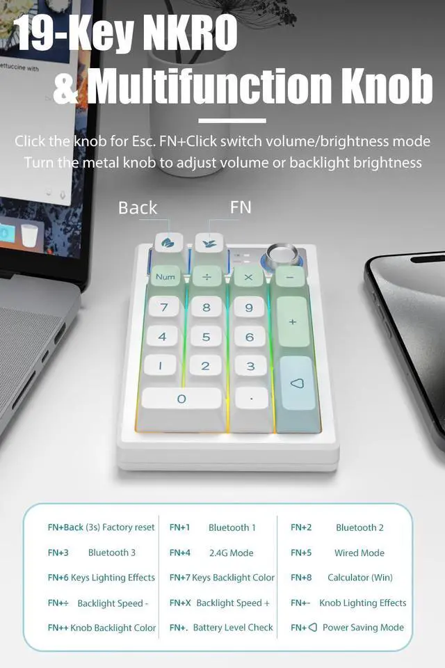 Alt view image 13 of 14 - Gasket Creamy Mechanical Numpad Programmable Macro Keypad Wireless 2.4G/Bluetooth 5.0/Wired USB-C RGB Backlit Hot Swappable Number Pad Rechargeable Numeric Keyboard Metal Knob for Win/Mac