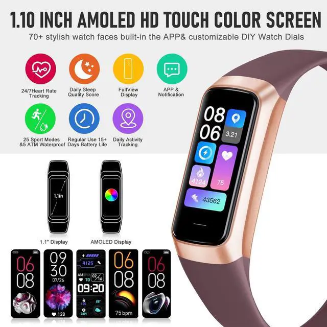 Alt view image 8 of 12 - Fitness Tracker, Fitness Watch with 24/7 Heart Rate Blood Oxygen Sleep Monitor, 1.10" AMOLED HD Touch Color Screen Step Counter, Activity Trackers Pedometer Health Smart Watch for Women Men