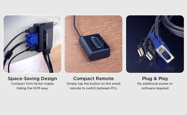 Alt view image 7 of 8 - 2-Port USB VGA Cabled KVM Switch - 2048 x 1536 - Remote Button Switch - Plug n Play - PC, MAC, SUN - GCS22U